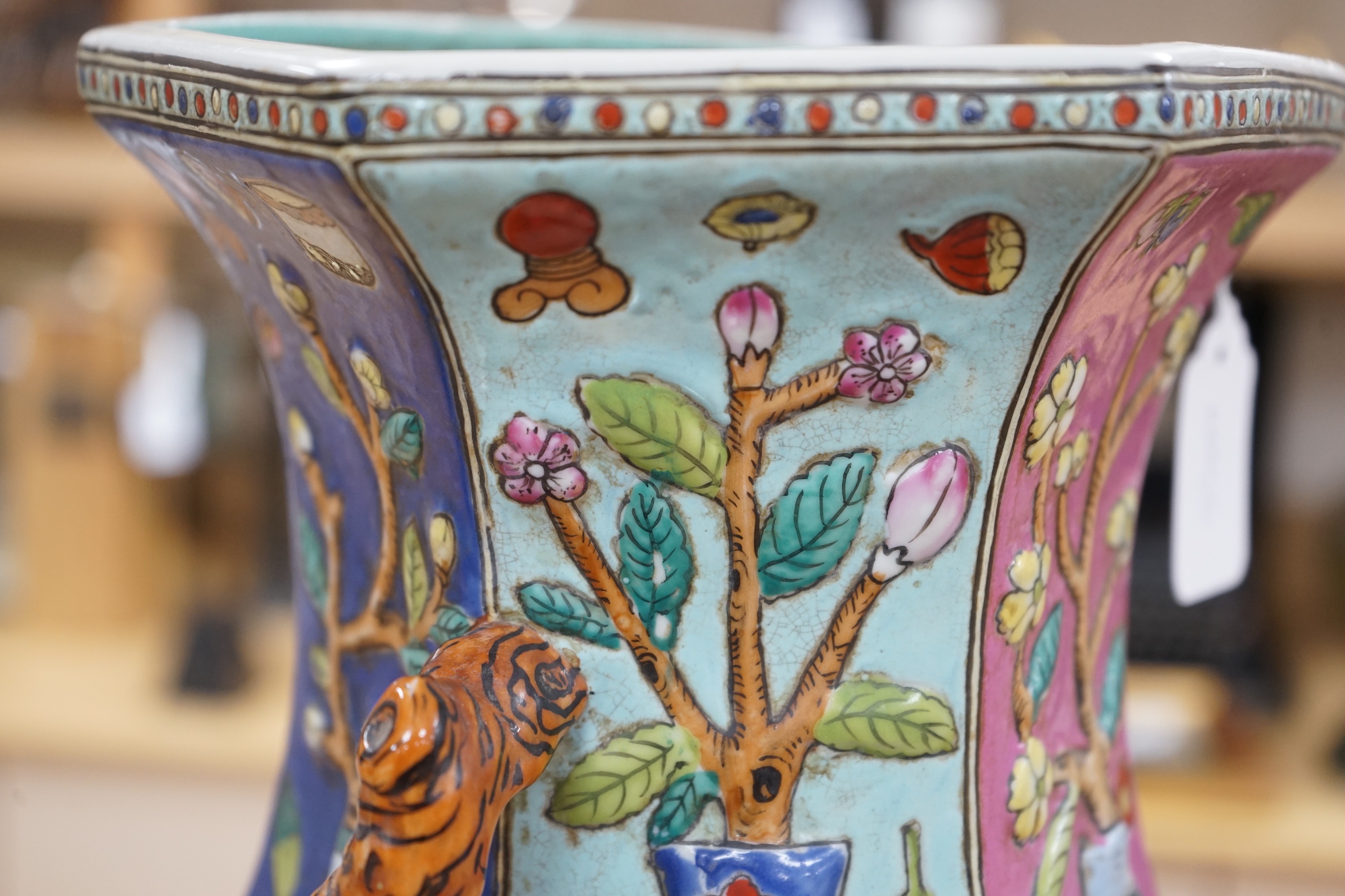 A large Chinese famille rose two handled hexagonal vase. 64cm tall